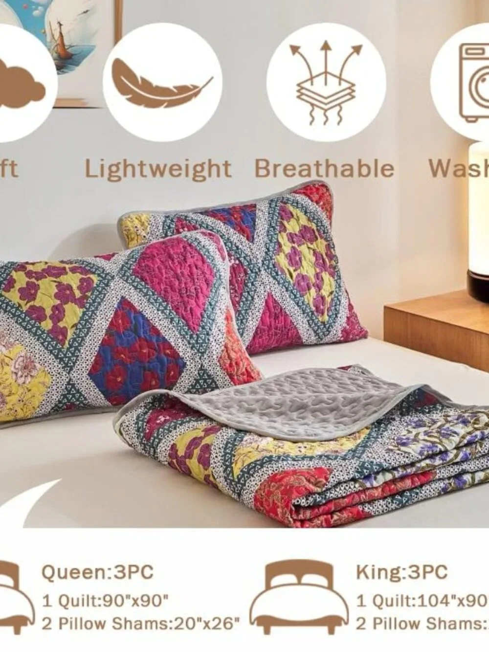 Queen Size Patchwork Quilt Set Boho Floral Geometric Bedspread Coverlet Soft Mic